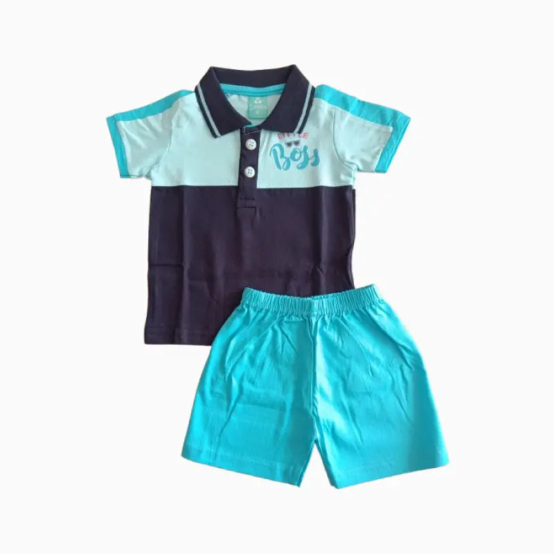 Kids collar T-shirt with shorts sets | Blue Boss Print