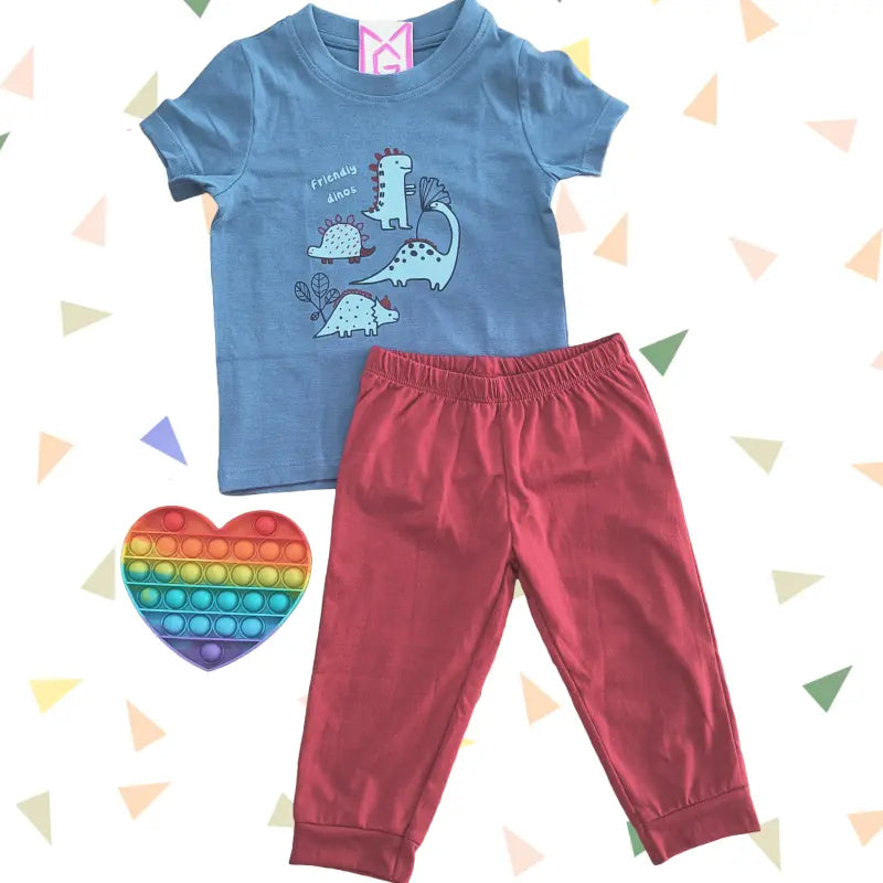 Baby Pant Set | Blue Dino with maroon pants