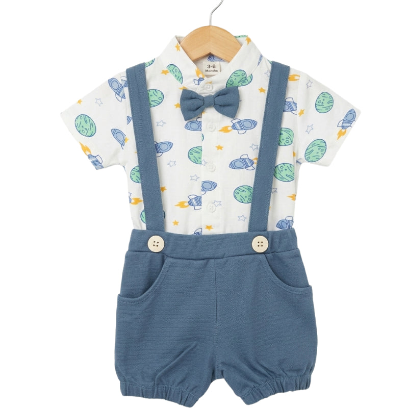Baby Boy Suspender set | Blueish grey with rocket print