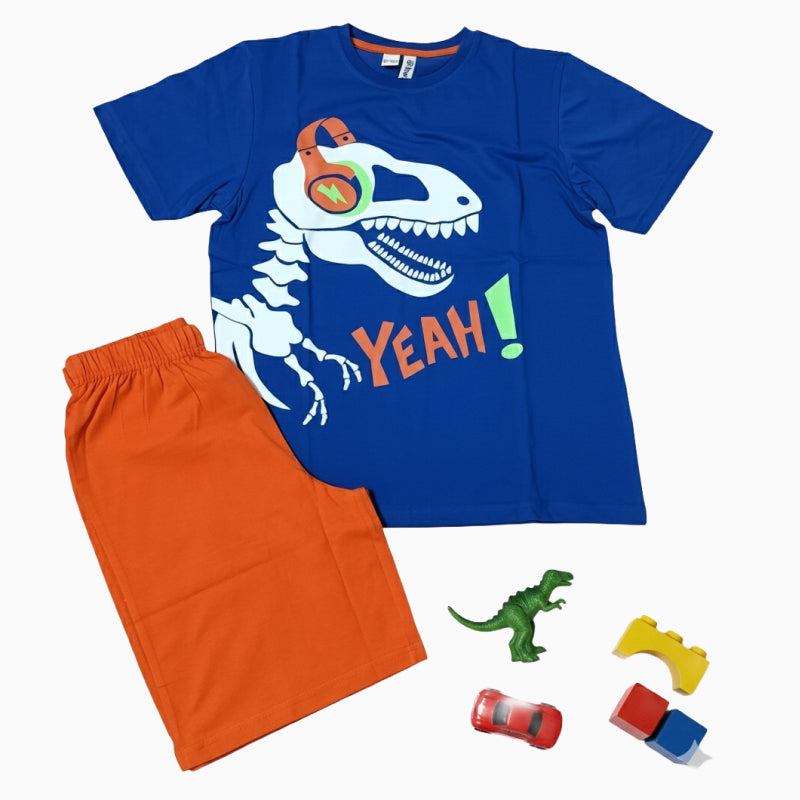 Premium T-shirt with Shorts sets | Dino in blue with orange shorts