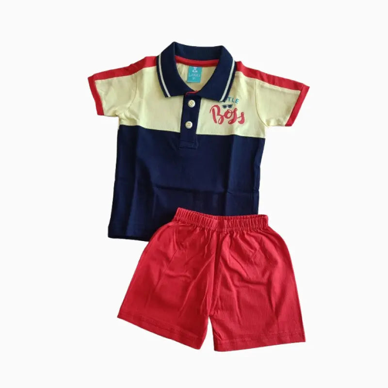 Kids collar T-shirt with shorts sets| Yellow Navy Boss print