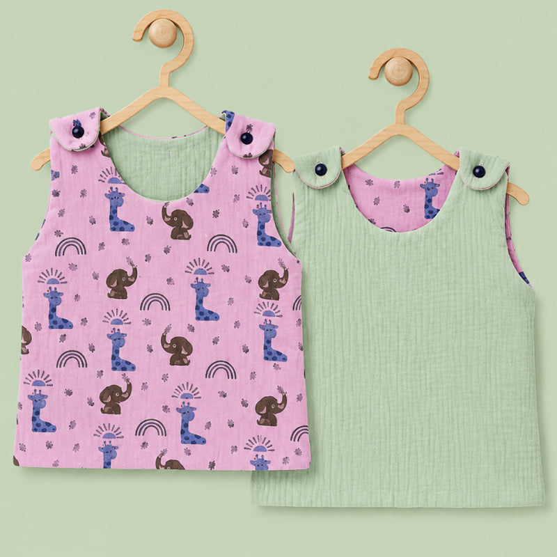 Baby Muslin reversible Shirt | Button Jabla | Pink Animal print & Light Pista green