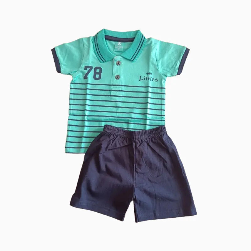 Kids collar T-shirt with shorts sets | Green 78 Print