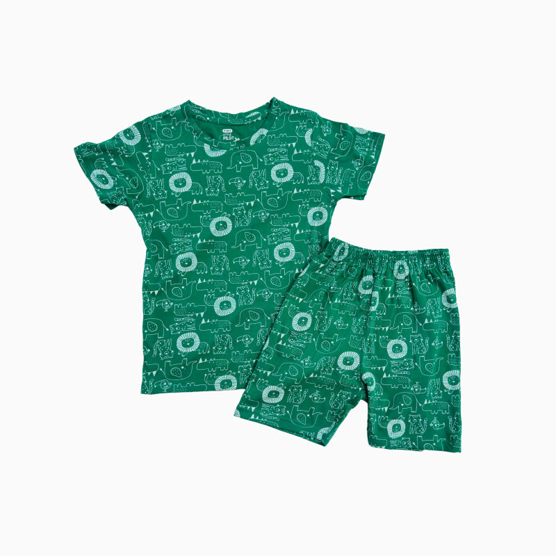 T-shirt with shorts | Co-ord Sets| BSS| Green with white line elephant print