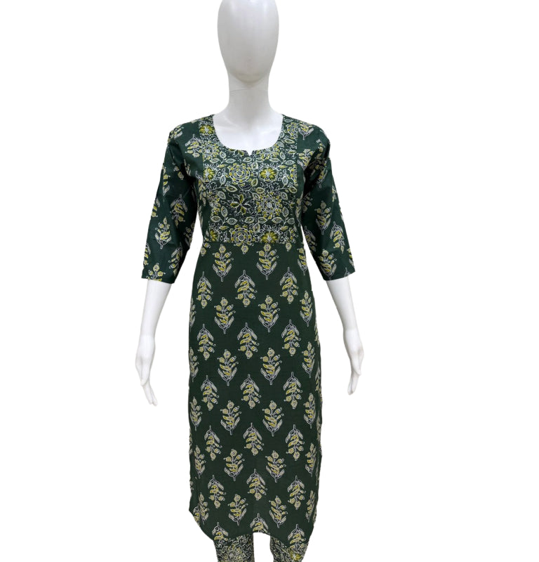 Women Kurti | Straight cut | Green with Floral print