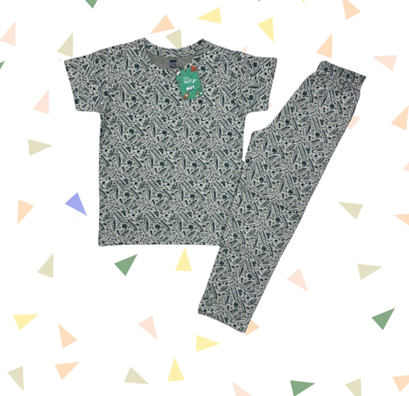 Boy Pant Set | Blue outlines of sea in Grey