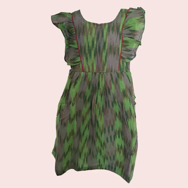 Cotton Ikkat Frocks | Light green with mustard/grey lines and red piping