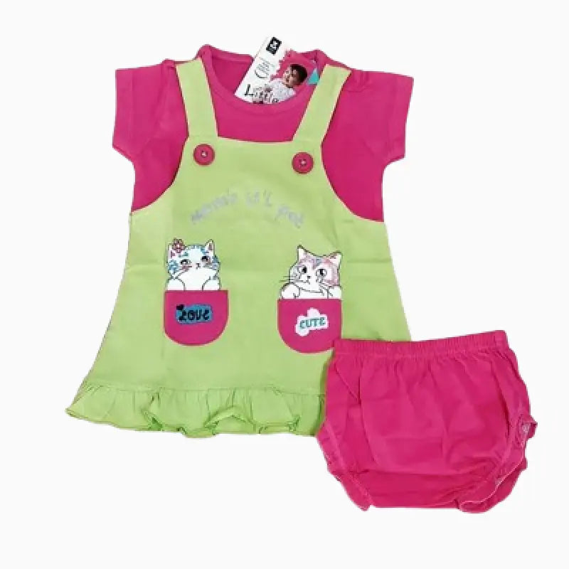 Baby dungaree frock Sets | Pink meow print