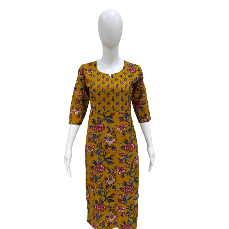 Women Kurti | Straight cut | Mustrad Yellow with floral print