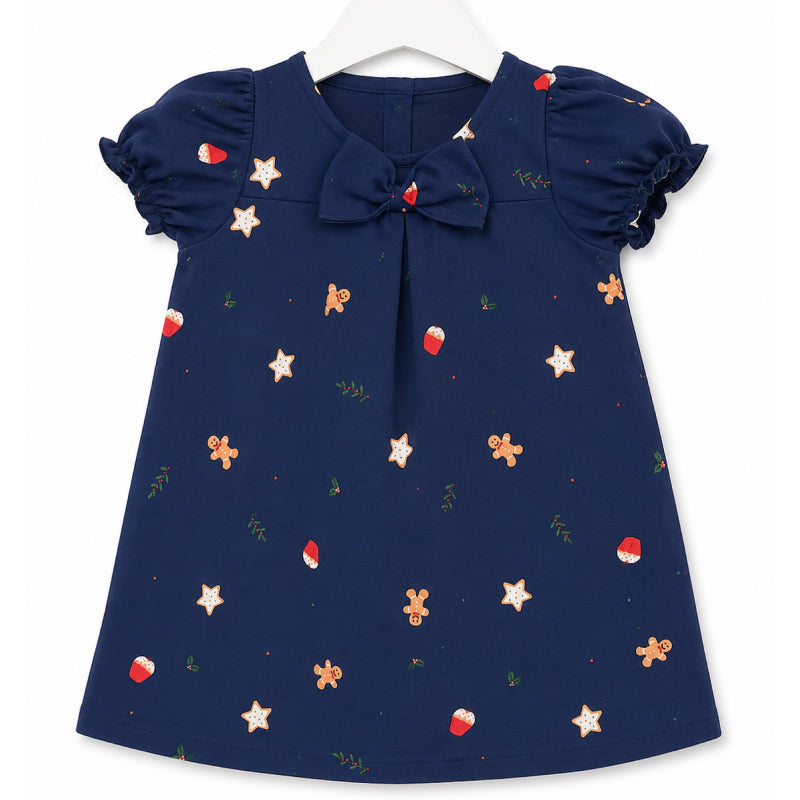 Infant Frocks for girls with lining |Navy Blue Gingerbread & Star Print Dress