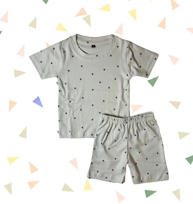 T-shirt with shorts co-ord sets| Interlock Fabric | COORDSET| Off white in triangle print