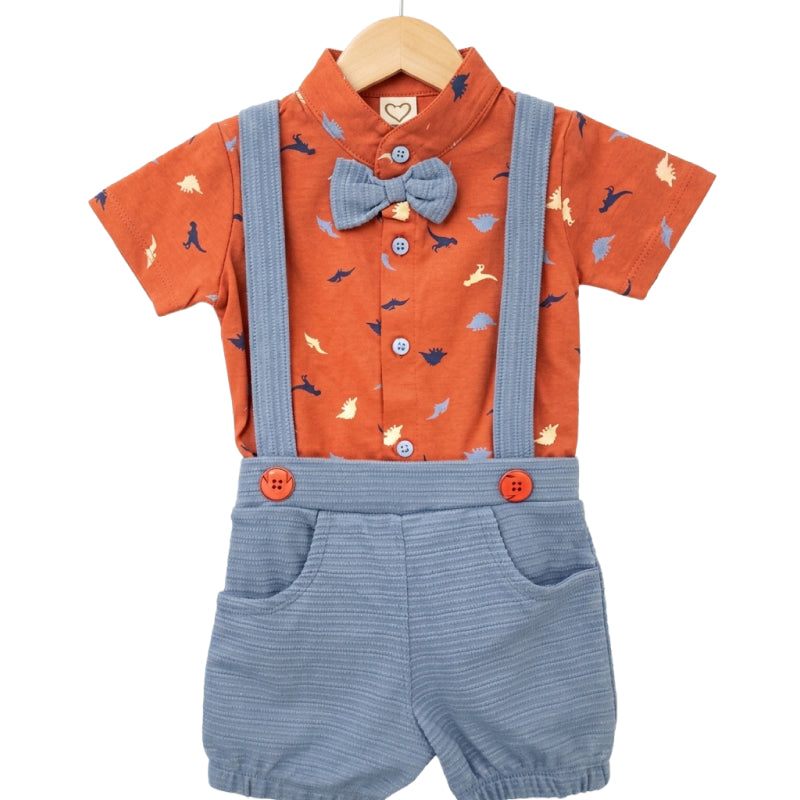 Baby Boy Suspender set | Orange with dino print