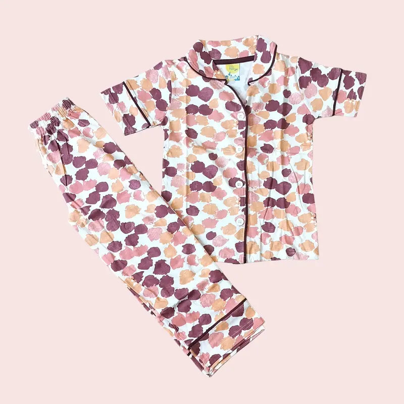 Kids Night Pant Set | Peach with brown dots print