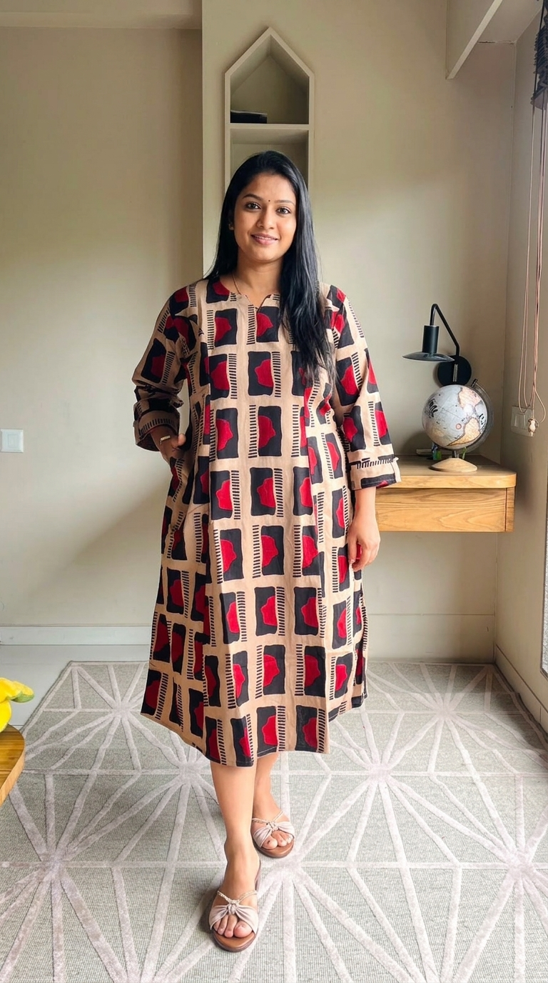 Women Kurti | Princess cut Red maroon and black geometrical patterns | only kurti top | ALINETOP
