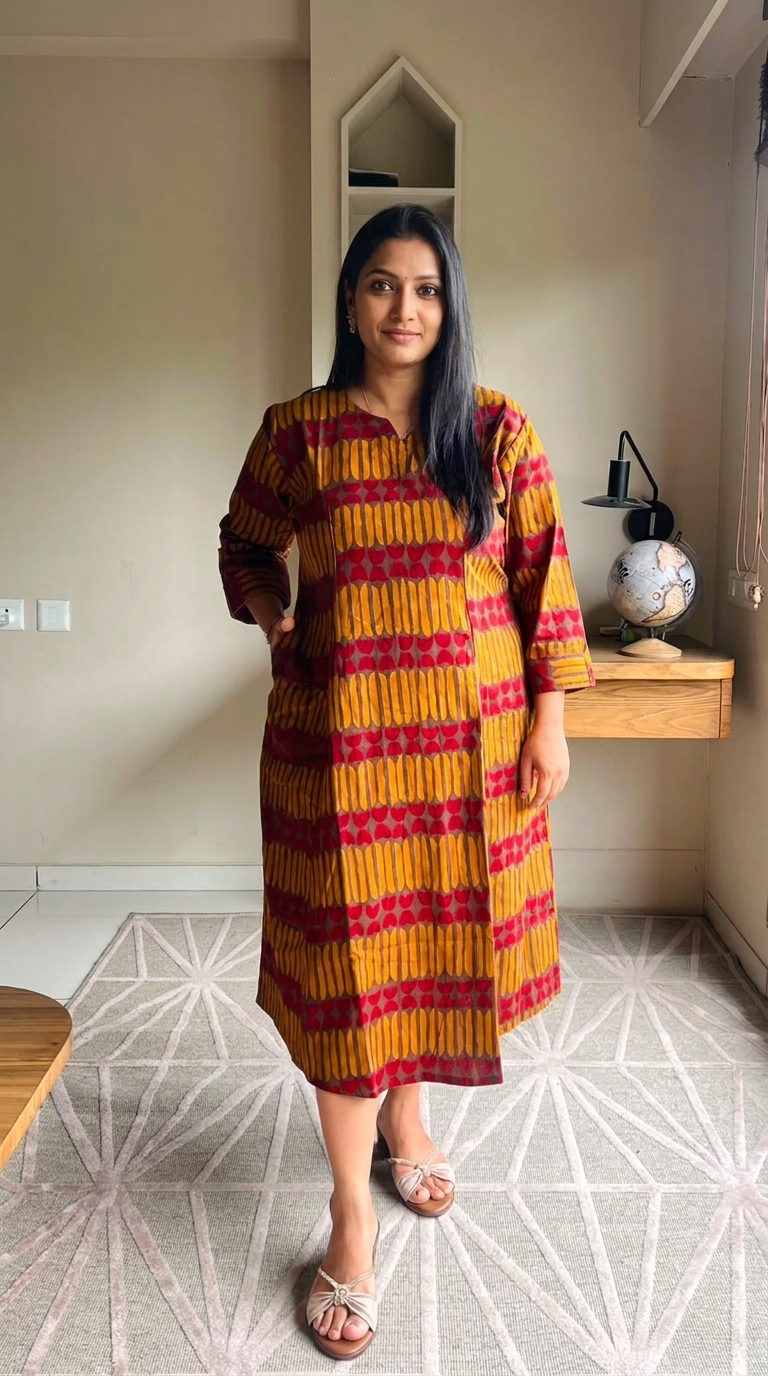 Women Kurti | Princess cut Yellow and red marron stripes | only kurti top | ALINETOP