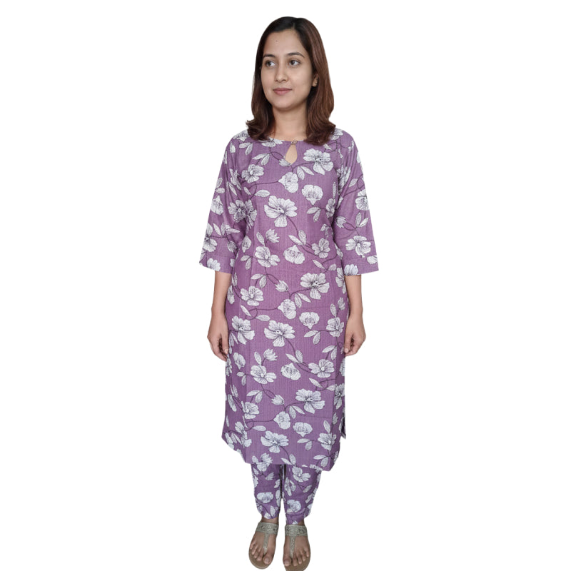 Women kurti with pant | co-ord set | Light lavander with foral print