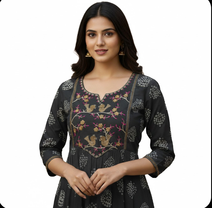 Women Kurti | Straight cut | Grey printed rayon kurti with embroidery neck | only kurti