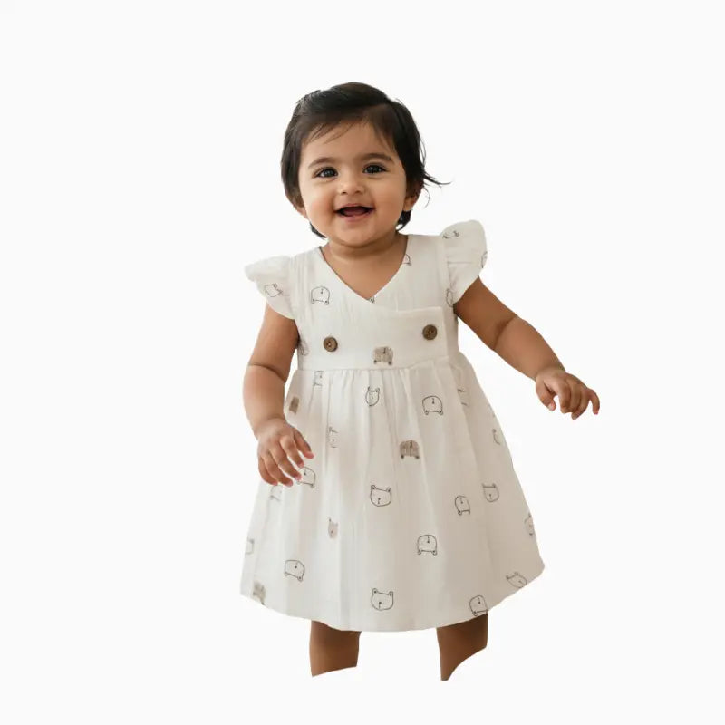 Muslin Frocks | White with teddy print