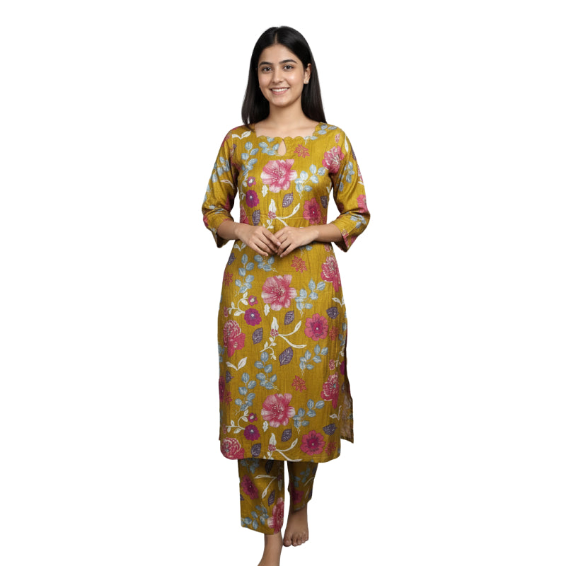 Women kurti with pant | co-ord set | Mustard yellow in flower print