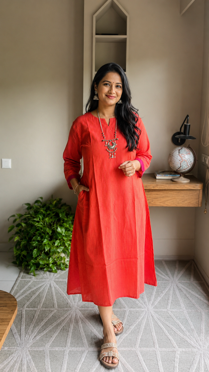 Women Kurti | Aline orange with pinkish maroon check patterns | only kurti top | MADRASCHECKS