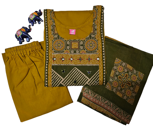 Women kurti with pant and dupatta |Mustard with Green color 3 piece sets | Dabuset