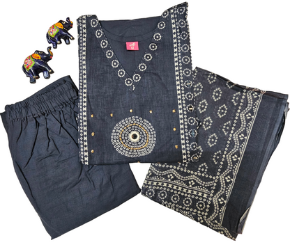Women kurti, pant with Dupatta |Greyish BlueBhandhuni set