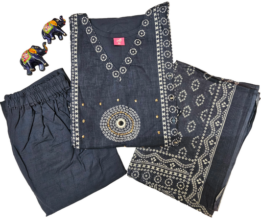 Women kurti, pant with Dupatta |Greyish BlueBhandhuni set