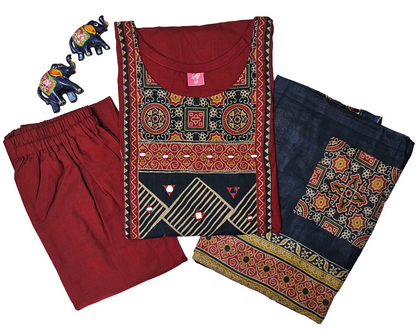 Women kurti with pant and dupatta |Red with Maroon color 3 piece sets | Dabuset