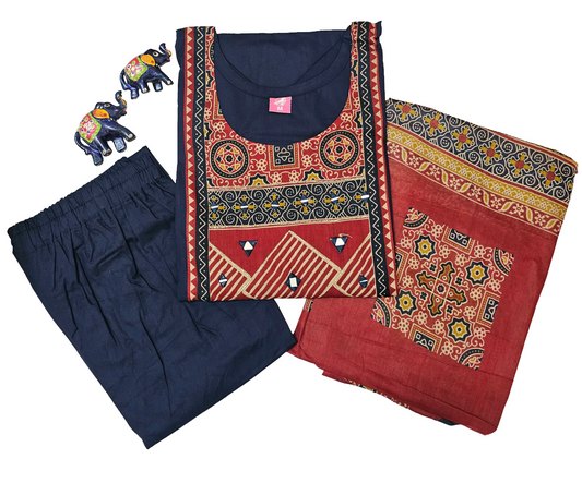 Women kurti with pant and dupatta |Navy with Maroon color 3 piece sets| Dabuset