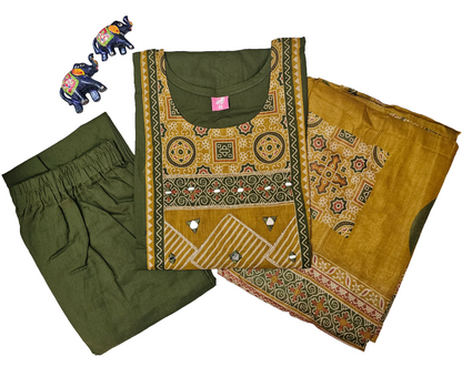 Women kurti with pant and dupatta |Green with mustard color 3 piece sets| Dabuset