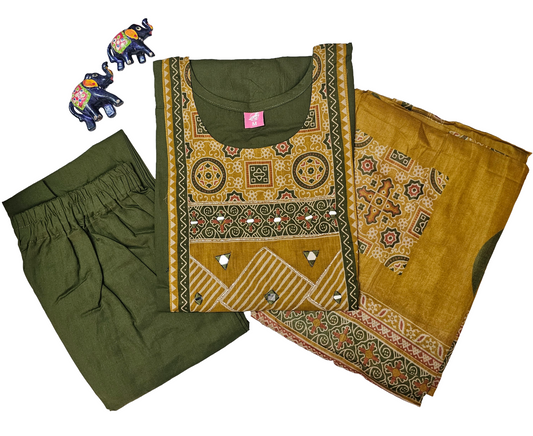 Women kurti with pant and dupatta |Green with mustard color 3 piece sets| Dabuset
