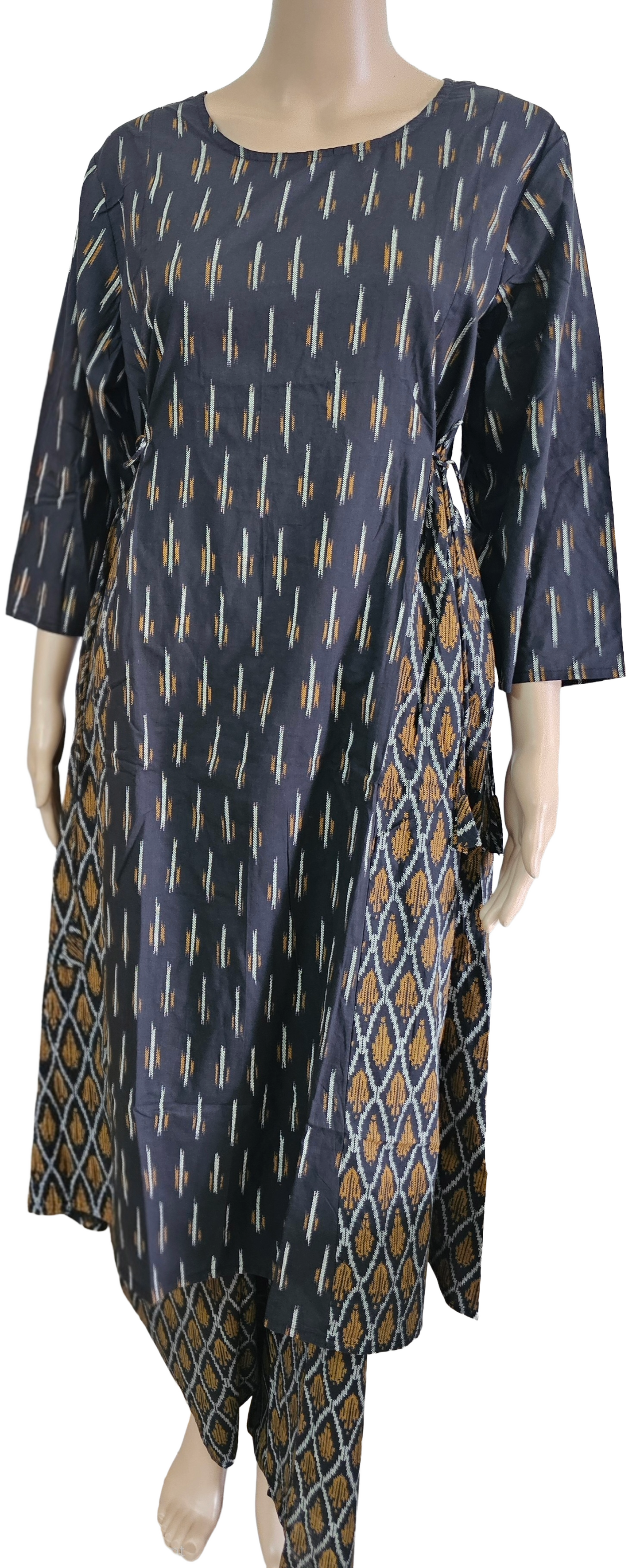 Women kurti with pant | Cotton Dual print Frill Kurti Palazzo set | Black Ikkat | FRILLKURTI