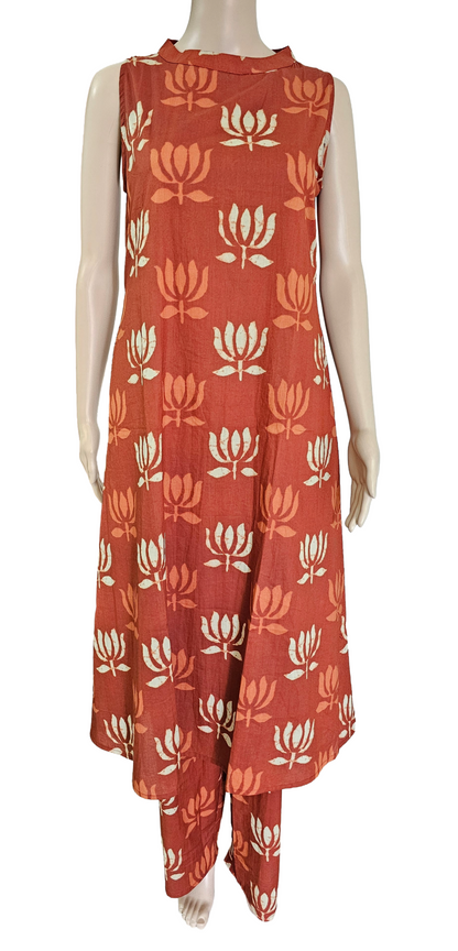 Women Sleeveless Co-Ord kurti with pant(Sleeves inside) | Brick Color| SLK01
