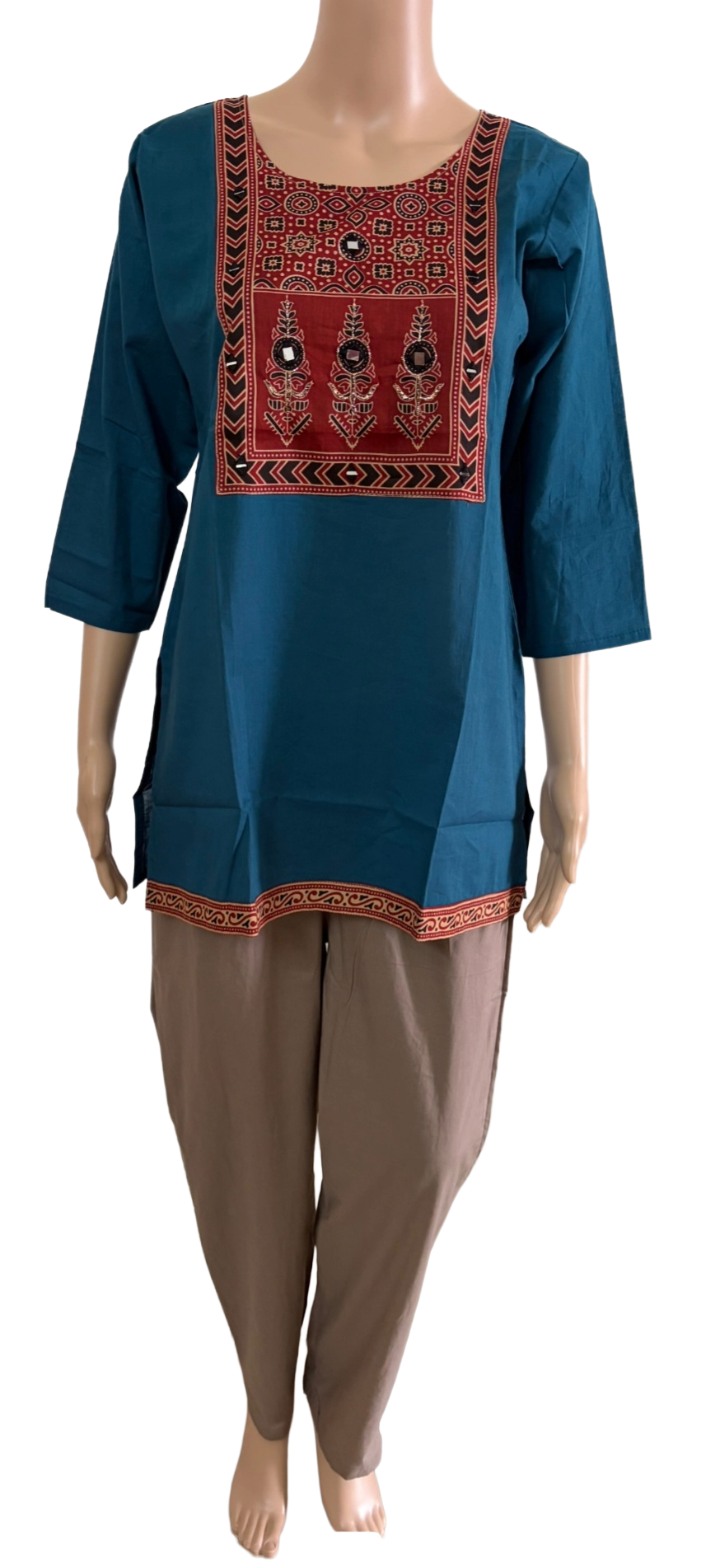 Women's Dabu Cotton Short Kurti | Peacock Blue short top circle long print