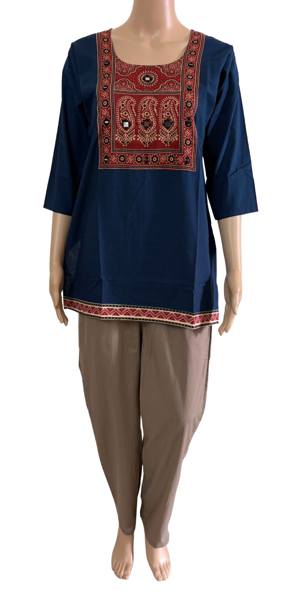 Women's Dabu Cotton Short Kurti |Navy Blue short top long print