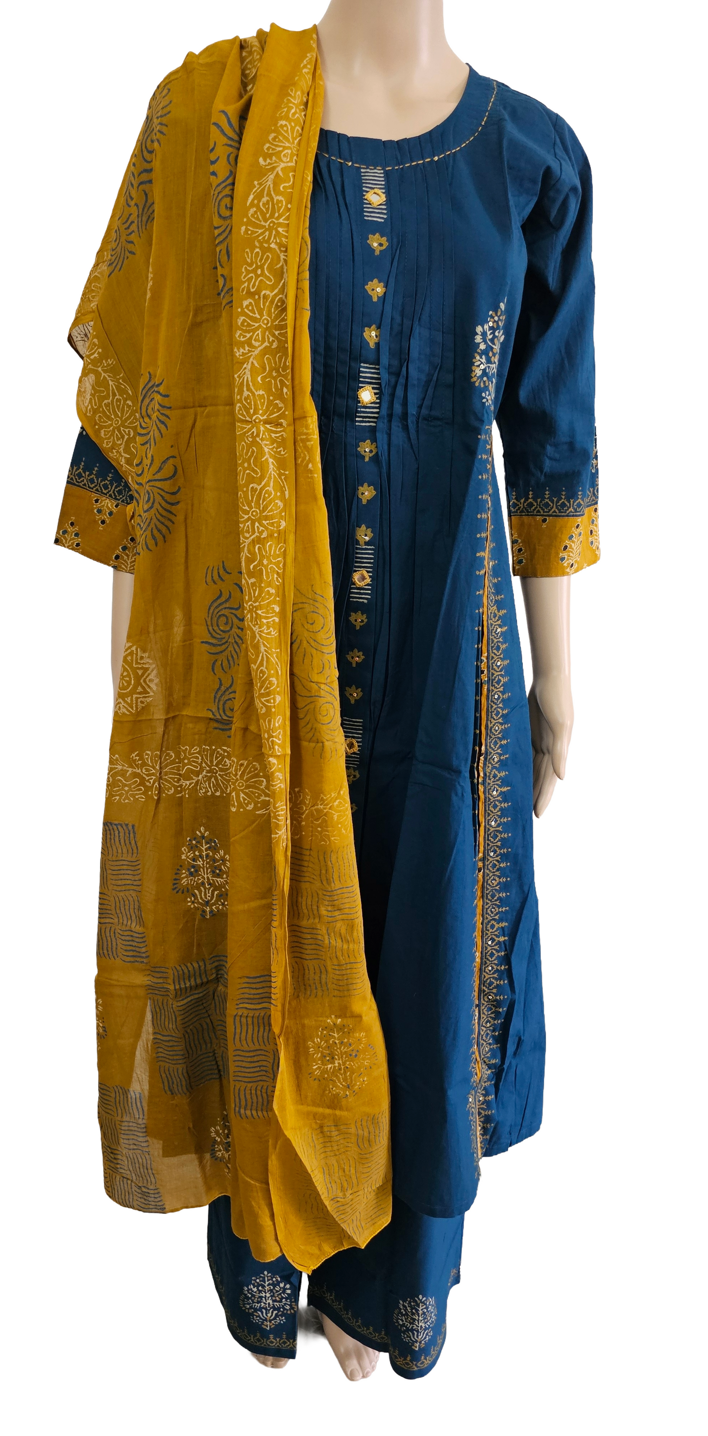 Women kurti with pant and dupatta | A-line cut Peacock Mustard color l Dabuset