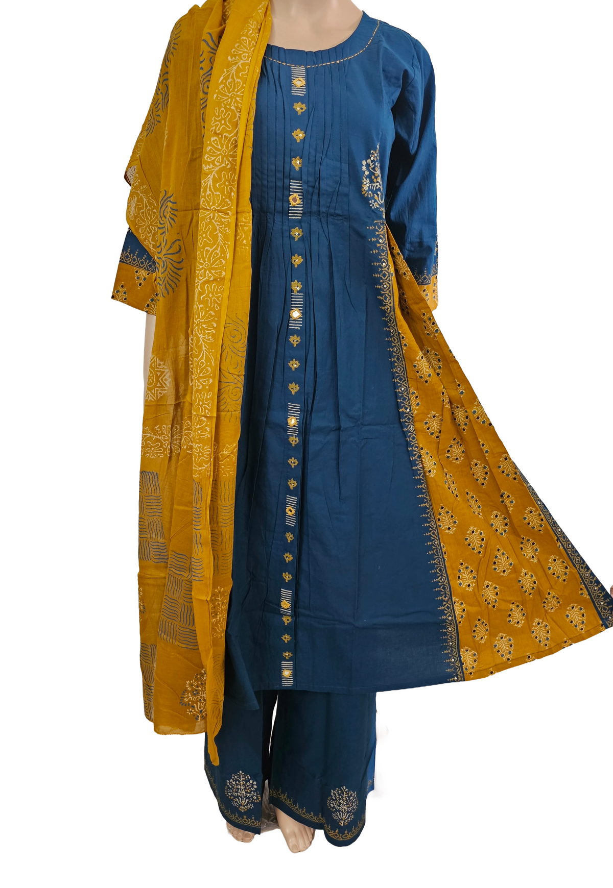 Women kurti with pant and dupatta | A-line cut Peacock Mustard color l Dabuset