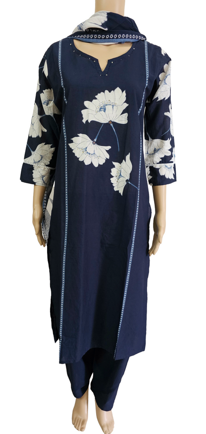 Women kurti with pant and dupatta | Straight cut Navy white color l cottonfloral