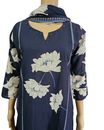 Women kurti with pant and dupatta | Straight cut Navy white color l cottonfloral