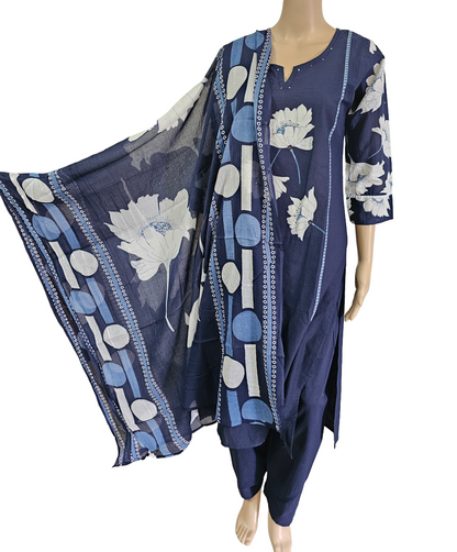 Women kurti with pant and dupatta | Straight cut Navy white color l cottonfloral