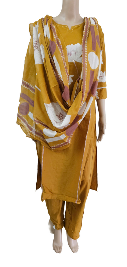 Women kurti with pant and dupatta | Straight cut Mustard white color l cottonfloral