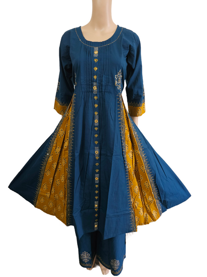 Women kurti with pant and dupatta | A-line cut Peacock Mustard color l Dabuset