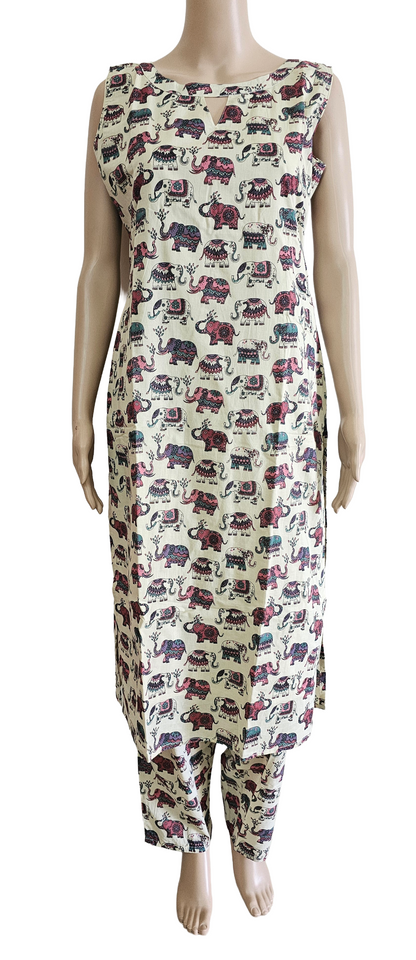 Women Sleeveless Co-Ord kurti with pant(Sleeves inside) | Elephant Motif pink and blue