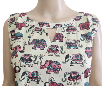 Women Sleeveless Co-Ord kurti with pant(Sleeves inside) | Elephant Motif pink and blue