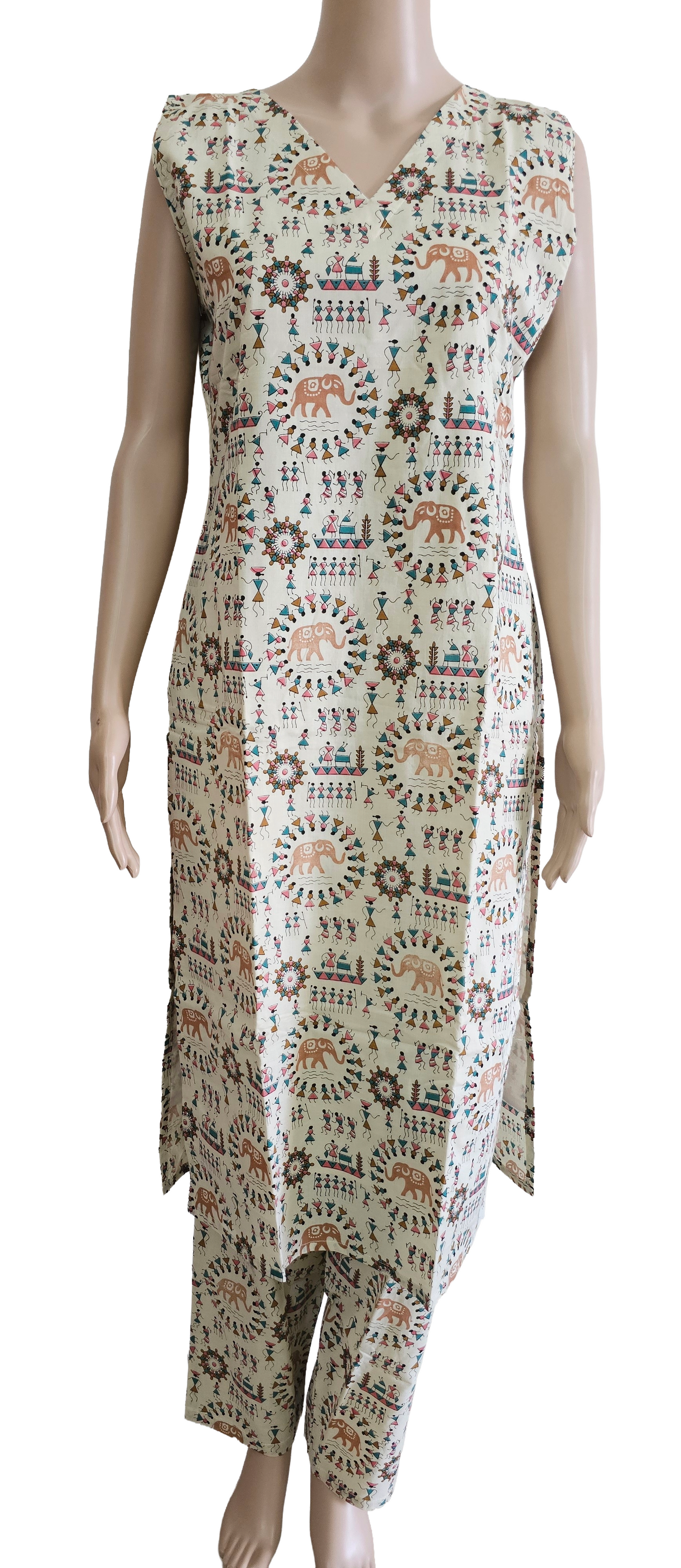 Women Sleeveless Co-Ord kurti with pant(Sleeves inside) | Warli art
