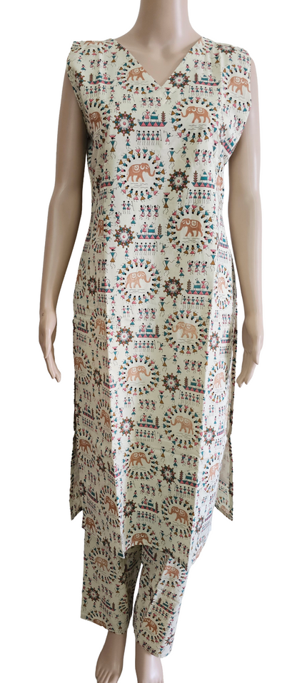 Women Sleeveless Co-Ord kurti with pant(Sleeves inside) | Warli art