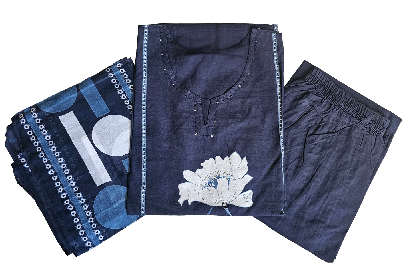 Women kurti with pant and dupatta | Straight cut Navy white color l cottonfloral
