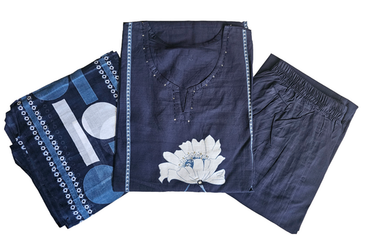 Women kurti with pant and dupatta | Straight cut Navy white color l cottonfloral