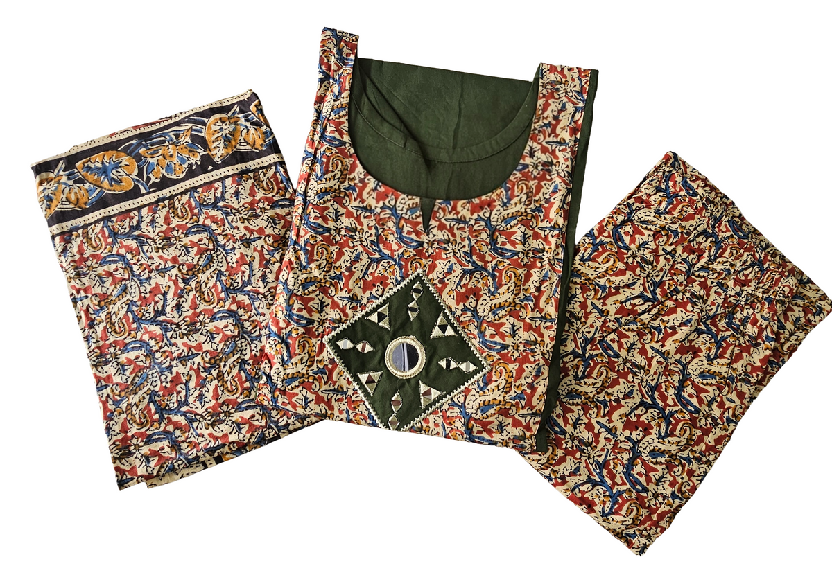 Women kurti with pant and dupatta |Mehendi Green kalamkaari sets | Dabuset