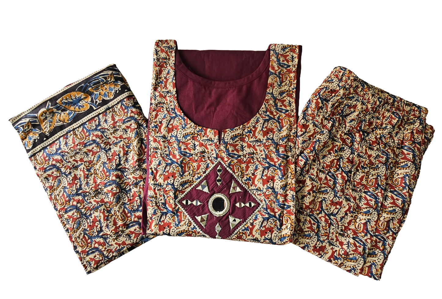 Women kurti with pant and dupatta |Wine kalamkaari sets | Dabuset